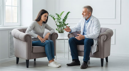 Врач-психотерапевт консультирует молодую девушку
